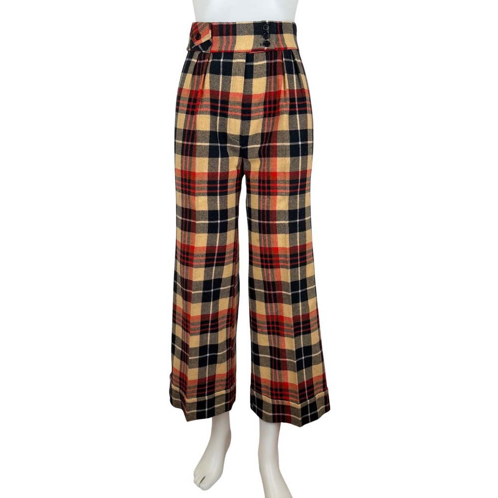 Vintage 70s Plaid High Waisted Wide Leg Wool Trousers Red Black Tan 27" X 26"